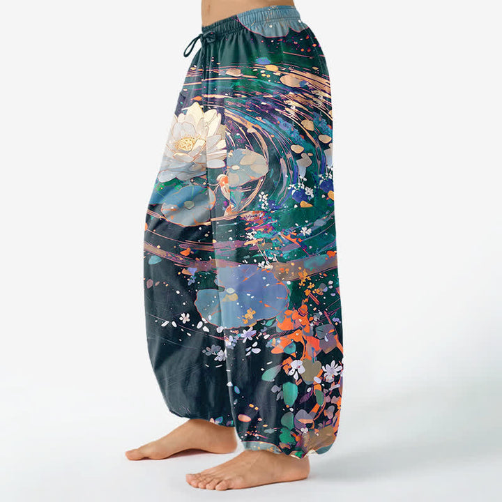 Buddha Stones Baumwoll-Haremshose mit Koi-Aquarellmuster, elastischem Bund und Seitentaschen - image 8