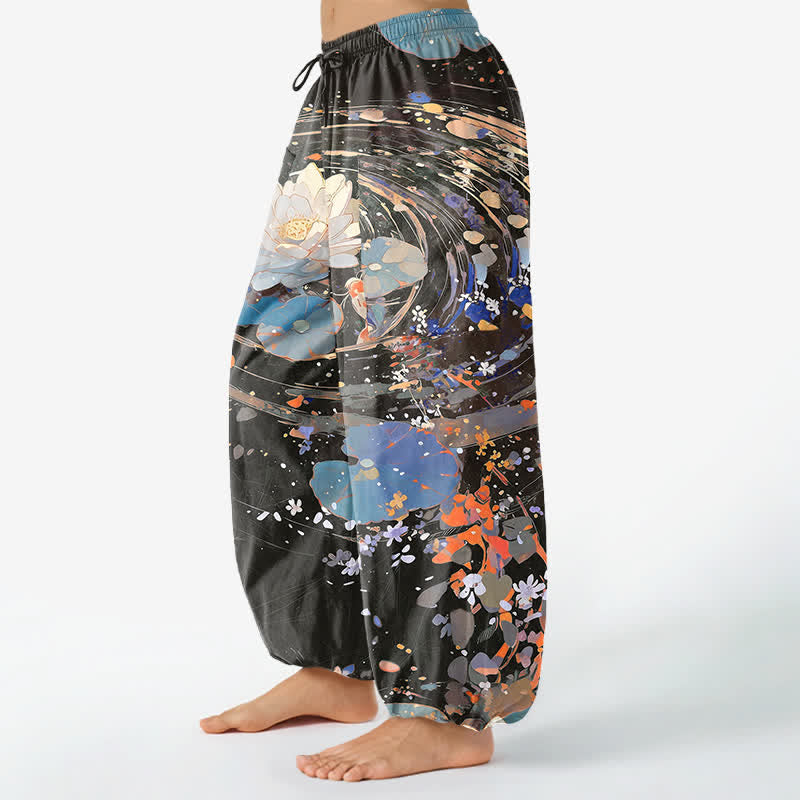 Buddha Stones Baumwoll-Haremshose mit Koi-Aquarellmuster, elastischem Bund und Seitentaschen - image 11