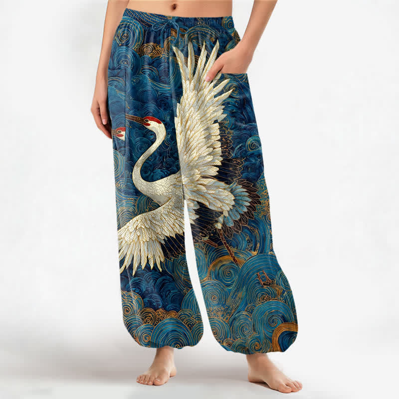 Buddha Stones Haremshose aus Baumwolle mit goldenem Kranich-Wellenmuster, elastischem Bund und Seitentaschen für Damen - Mittelblau - US16, UK/AU20, EU48 (3XL) - image 0