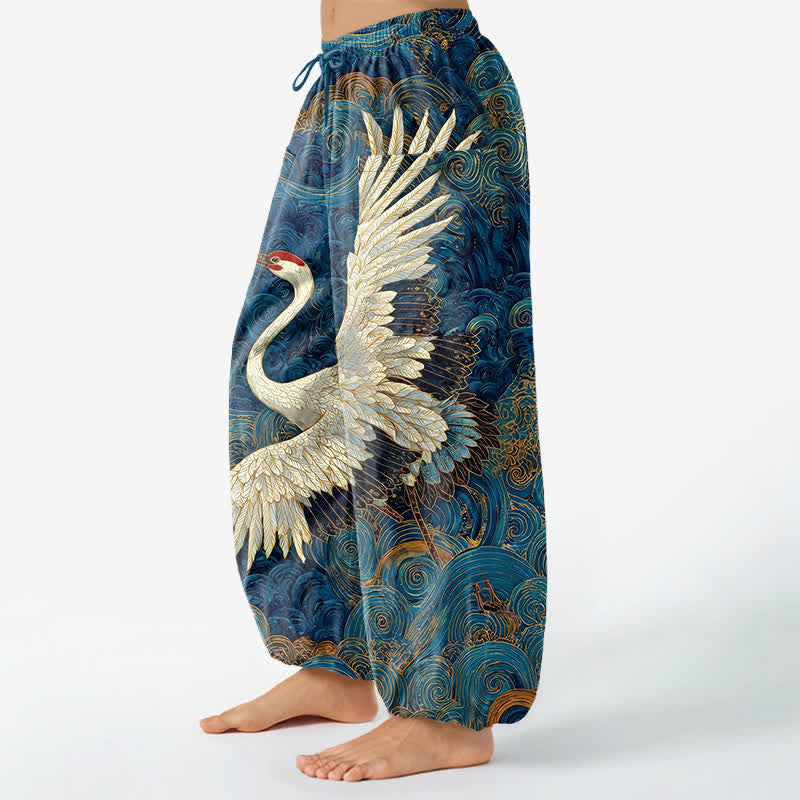 Buddha Stones Haremshose aus Baumwolle mit goldenem Kranich-Wellenmuster, elastischem Bund und Seitentaschen für Damen - image 1