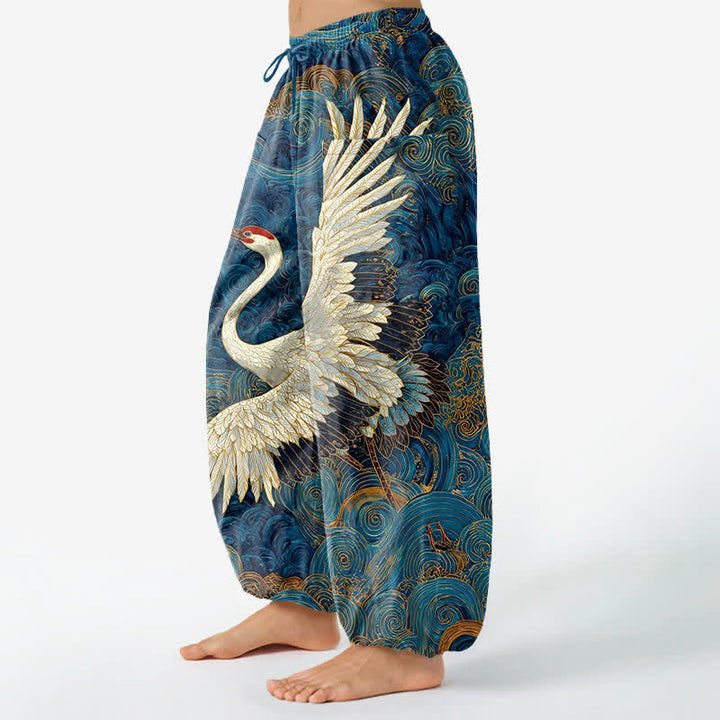 Buddha Stones Haremshose aus Baumwolle mit goldenem Kranich-Wellenmuster, elastischem Bund und Seitentaschen für Damen - image 1