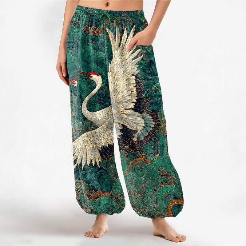 Buddha Stones Haremshose aus Baumwolle mit goldenem Kranich-Wellenmuster, elastischem Bund und Seitentaschen für Damen - SeaGreen - US16, UK/AU20, EU48 (3XL) - image 7