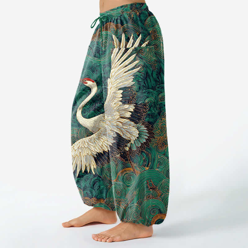 Buddha Stones Haremshose aus Baumwolle mit goldenem Kranich-Wellenmuster, elastischem Bund und Seitentaschen für Damen - image 8