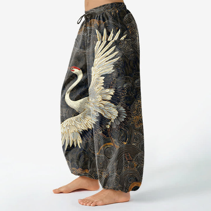 Buddha Stones Haremshose aus Baumwolle mit goldenem Kranich-Wellenmuster, elastischem Bund und Seitentaschen für Damen - image 11