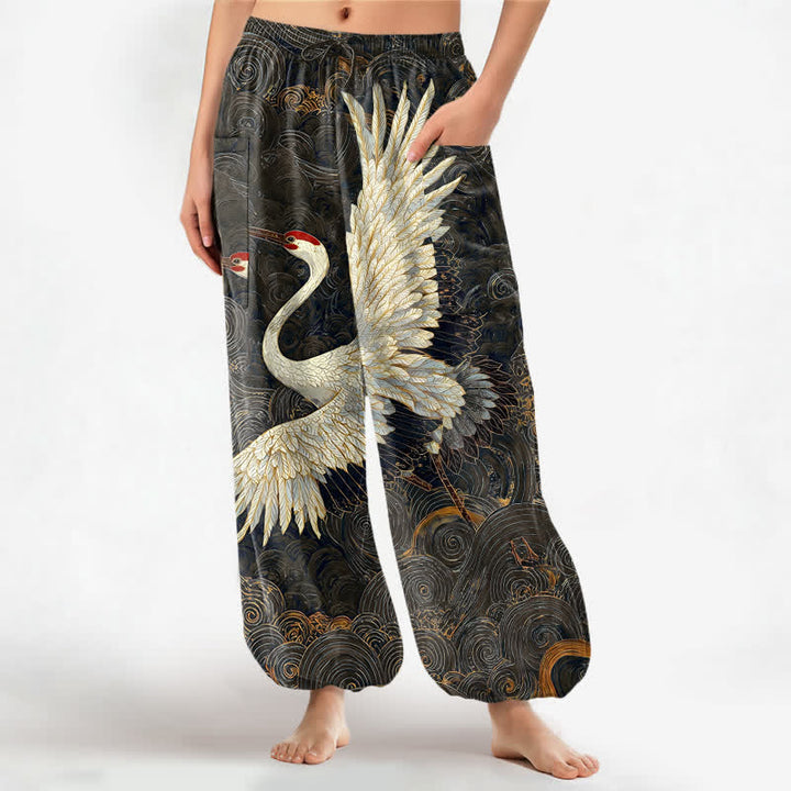 Buddha Stones Haremshose aus Baumwolle mit goldenem Kranich-Wellenmuster, elastischem Bund und Seitentaschen für Damen - Schwarz - US16, UK/AU20, EU48 (3XL) - image 10