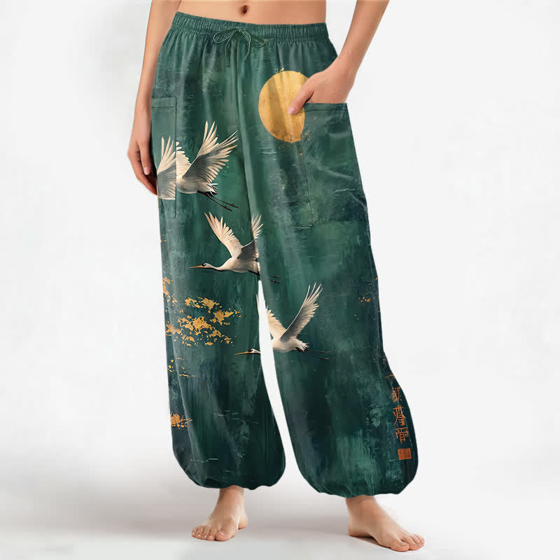 Buddha Stones Baumwoll-Haremshose für Damen mit orientalischem Kranich- und Mondmuster, elastischem Bund und Seitentaschen - Türkis - US16, UK/AU20, EU48 (3XL) - image 0