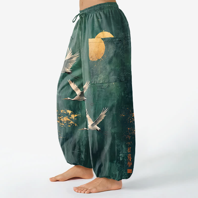 Buddha Stones Baumwoll-Haremshose für Damen mit orientalischem Kranich- und Mondmuster, elastischem Bund und Seitentaschen - image 1