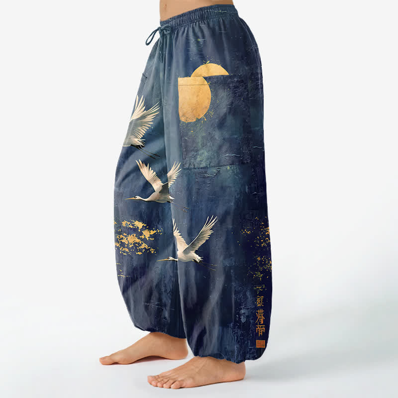 Buddha Stones Baumwoll-Haremshose für Damen mit orientalischem Kranich- und Mondmuster, elastischem Bund und Seitentaschen - image 8