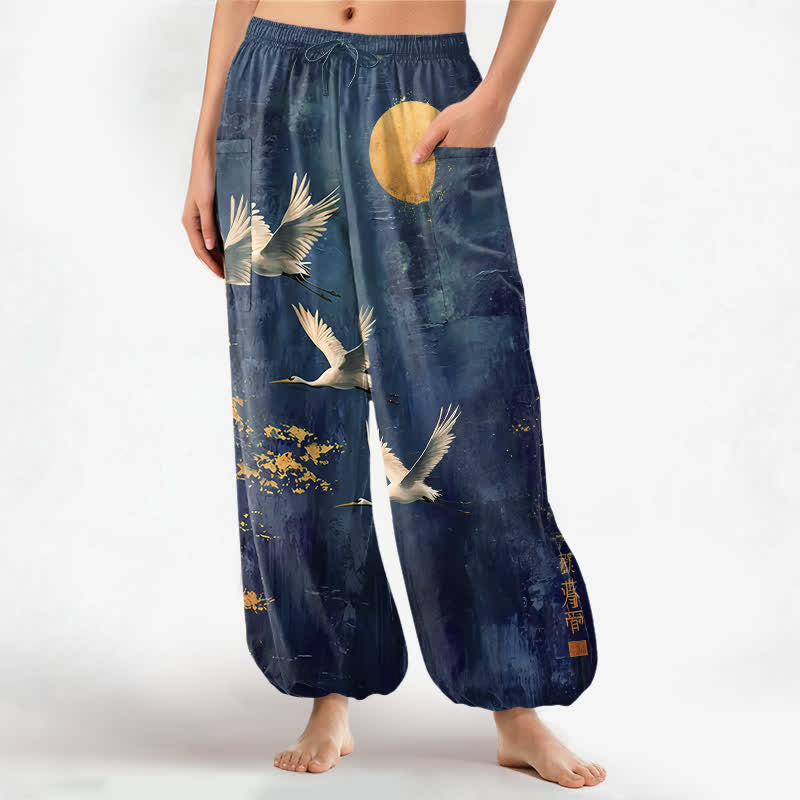 Buddha Stones Baumwoll-Haremshose für Damen mit orientalischem Kranich- und Mondmuster, elastischem Bund und Seitentaschen - Marine - US16, UK/AU20, EU48 (3XL) - image 7