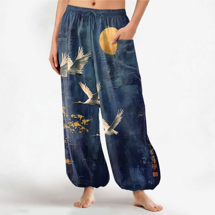 Buddha Stones Baumwoll-Haremshose für Damen mit orientalischem Kranich- und Mondmuster, elastischem Bund und Seitentaschen - Marine - US16, UK/AU20, EU48 (3XL) - image 7
