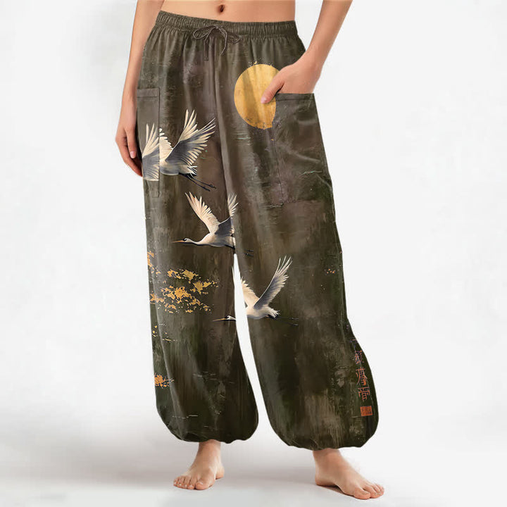Buddha Stones Baumwoll-Haremshose für Damen mit orientalischem Kranich- und Mondmuster, elastischem Bund und Seitentaschen - Olive - US16, UK/AU20, EU48 (3XL) - image 10