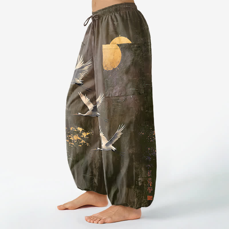 Buddha Stones Baumwoll-Haremshose für Damen mit orientalischem Kranich- und Mondmuster, elastischem Bund und Seitentaschen - image 11