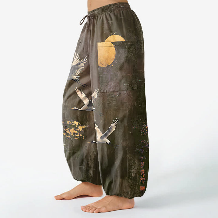 Buddha Stones Baumwoll-Haremshose für Damen mit orientalischem Kranich- und Mondmuster, elastischem Bund und Seitentaschen - image 11