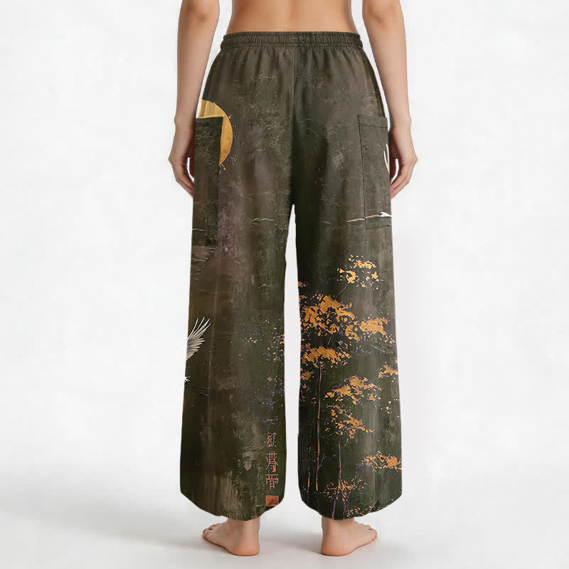 Buddha Stones Baumwoll-Haremshose für Damen mit orientalischem Kranich- und Mondmuster, elastischem Bund und Seitentaschen - image 12