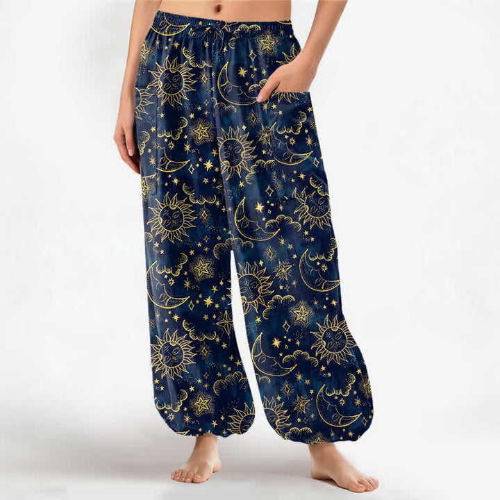 Buddha Stones Baumwoll-Haremshose für Damen mit himmlischem Sonnen-, Mond- und Sternenmuster, elastischem Bund und Seitentaschen - Marine - US16, UK/AU20, EU48 (3XL) - image 0
