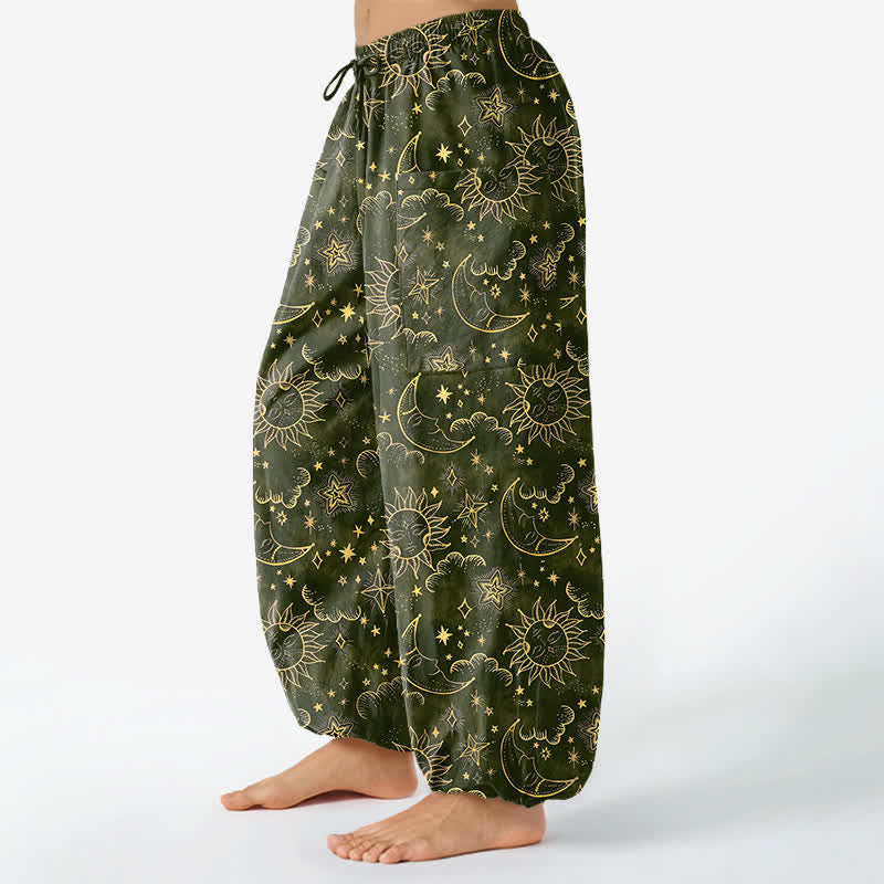 Buddha Stones Baumwoll-Haremshose für Damen mit himmlischem Sonnen-, Mond- und Sternenmuster, elastischem Bund und Seitentaschen - Dunkelolivgrün - US16, UK/AU20, EU48 (3XL) - image 10