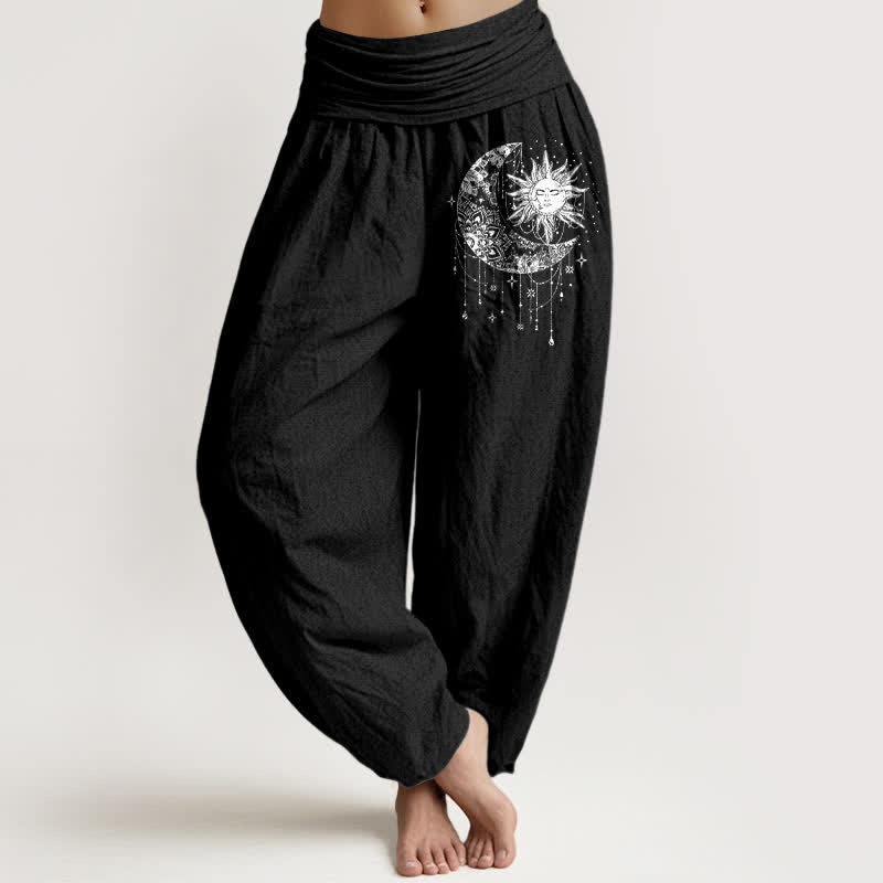 Buddha Stones Haremshose aus reiner Baumwolle mit himmlischem Sonnen- und Mondmuster und elastischem Bund für Damen. - Schwarz - US16, UK/AU20, EU48 (3XL) - image 0