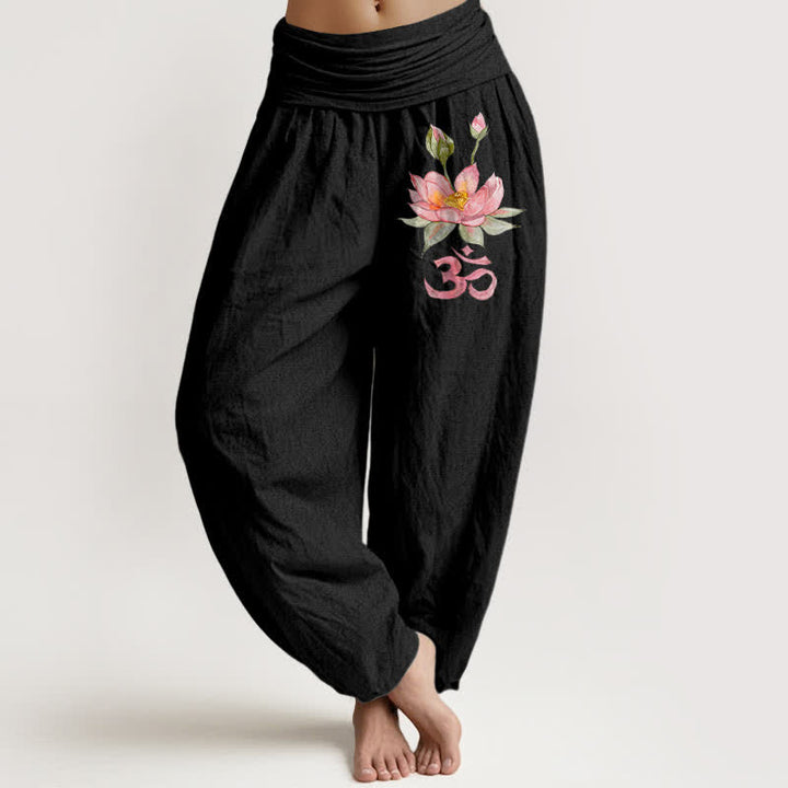 Buddha Stones Damen-Haremshose aus reiner Baumwolle mit rosa Lotus-Om-Muster und elastischem Bund - Schwarz - US16, UK/AU20, EU48 (3XL) - image 0