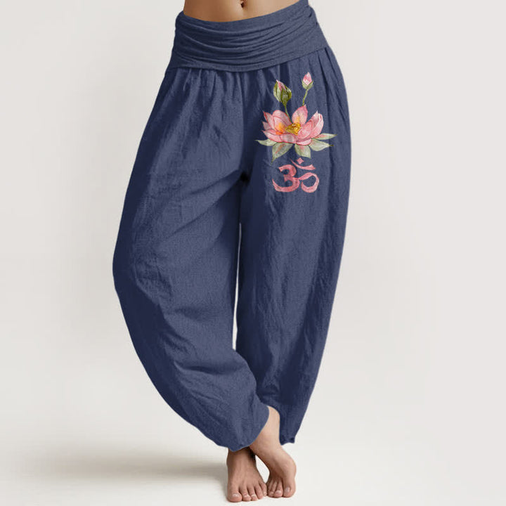 Buddha Stones Damen-Haremshose aus reiner Baumwolle mit rosa Lotus-Om-Muster und elastischem Bund - Dunkelschieferblau - US16, UK/AU20, EU48 (3XL) - image 5
