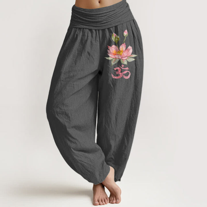Buddha Stones Damen-Haremshose aus reiner Baumwolle mit rosa Lotus-Om-Muster und elastischem Bund - DimGray - US16, UK/AU20, EU48 (3XL) - image 8