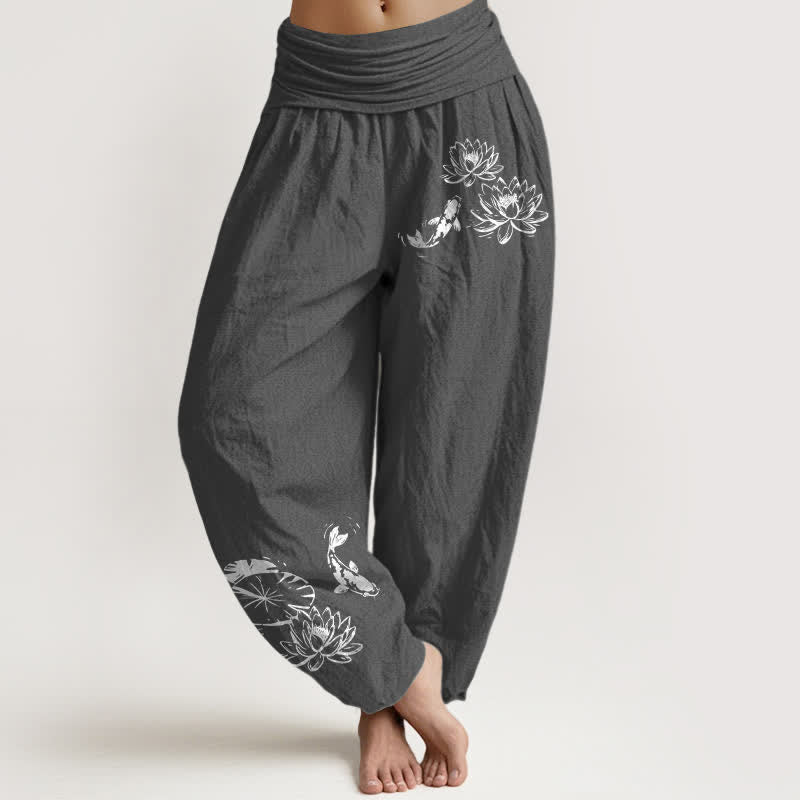Buddha Stones Damen-Haremshose aus reiner Baumwolle mit Koi-Lotus-Muster und elastischem Bund - DimGray - US16, UK/AU20, EU48 (3XL) - image 5