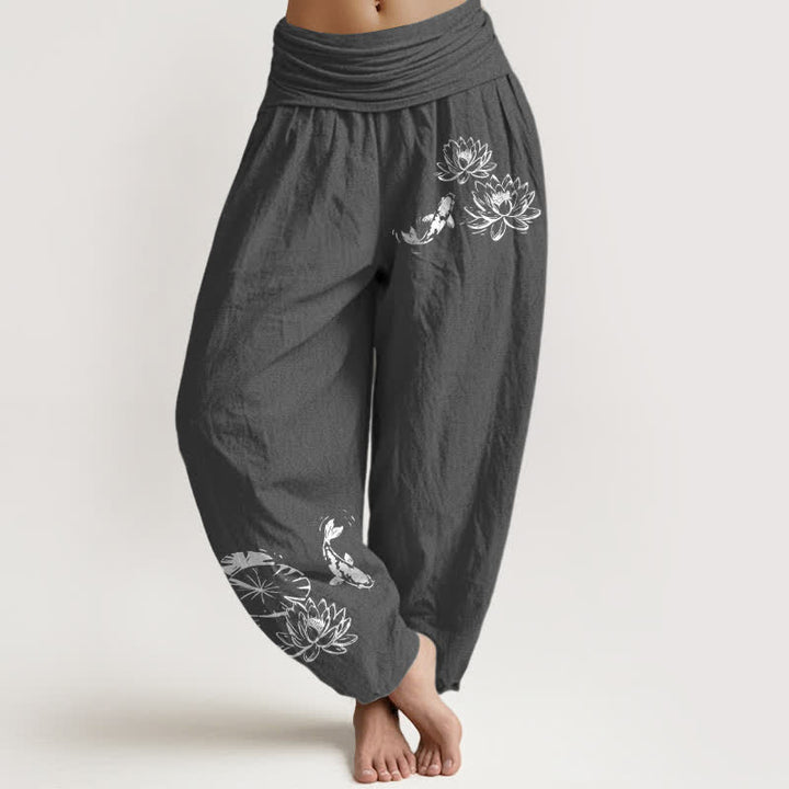 Buddha Stones Damen-Haremshose aus reiner Baumwolle mit Koi-Lotus-Muster und elastischem Bund - DimGray - US16, UK/AU20, EU48 (3XL) - image 5