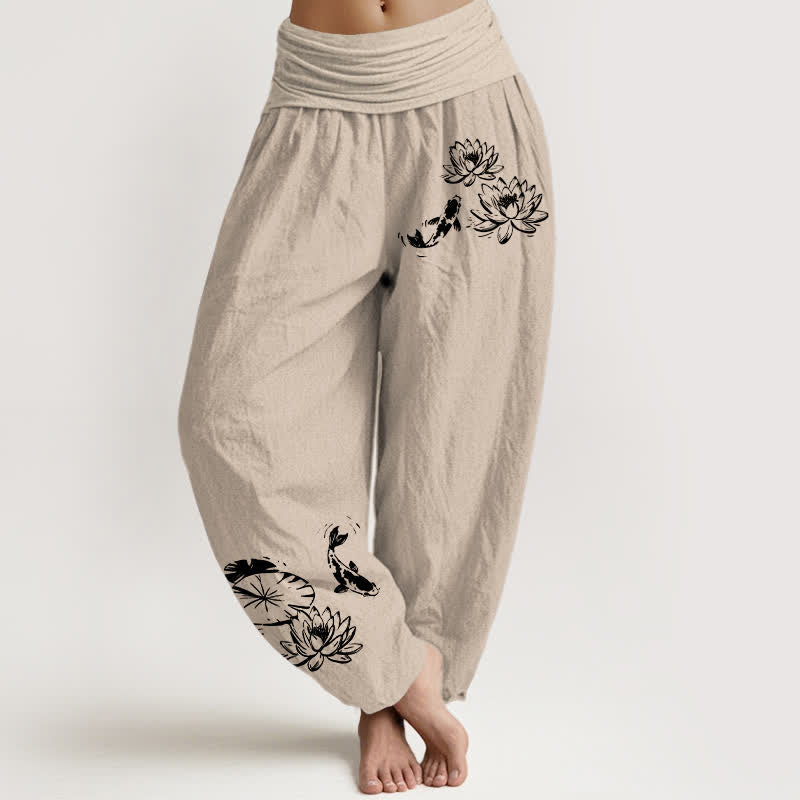 Buddha Stones Damen-Haremshose aus reiner Baumwolle mit Koi-Lotus-Muster und elastischem Bund - Bräunen - US16, UK/AU20, EU48 (3XL) - image 8