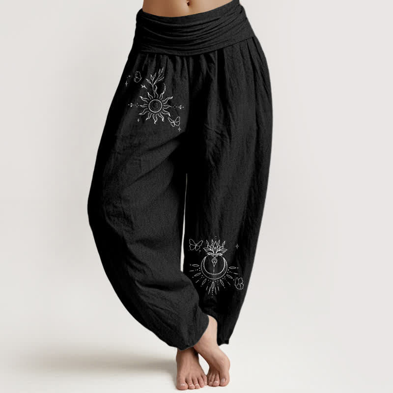 Buddha Stones Damen-Haremshose aus reiner Baumwolle mit Schmetterlings-, Sonnen-, Lotus- und Mondmuster, elastischem Bund - Schwarz - US16, UK/AU20, EU48 (3XL) - image 0