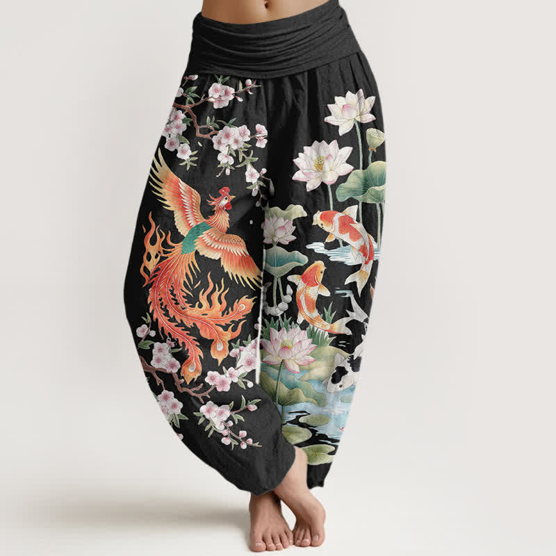 Buddha Stones Baumwoll-Haremshose mit Phoenix-Koi-Lotus-Muster und elastischem Bund für Damen - Schwarz - US16, UK/AU20, EU48 (3XL) - image 0