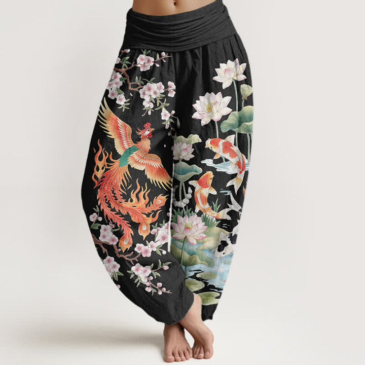 Buddha Stones Baumwoll-Haremshose mit Phoenix-Koi-Lotus-Muster und elastischem Bund für Damen - Schwarz - US16, UK/AU20, EU48 (3XL) - image 0
