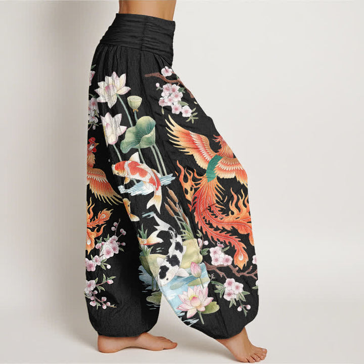 Buddha Stones Baumwoll-Haremshose mit Phoenix-Koi-Lotus-Muster und elastischem Bund für Damen - image 1