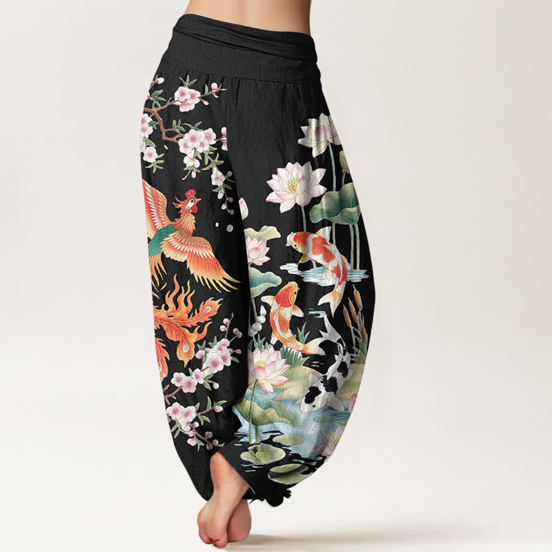 Buddha Stones Baumwoll-Haremshose mit Phoenix-Koi-Lotus-Muster und elastischem Bund für Damen - image 2