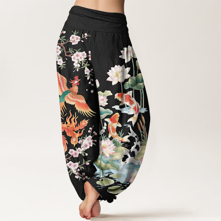 Buddha Stones Baumwoll-Haremshose mit Phoenix-Koi-Lotus-Muster und elastischem Bund für Damen - image 2
