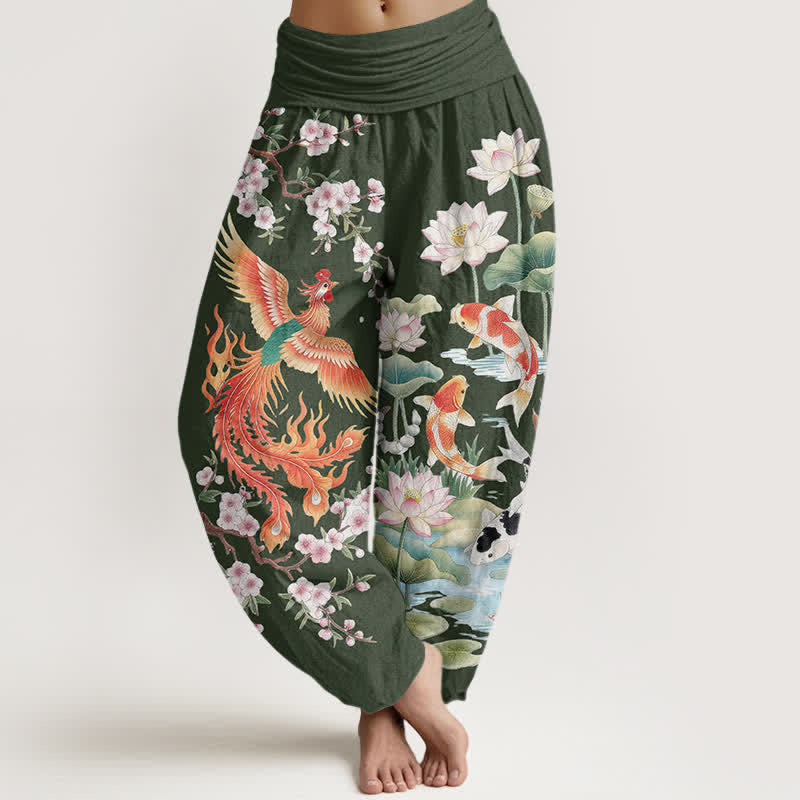Buddha Stones Baumwoll-Haremshose mit Phoenix-Koi-Lotus-Muster und elastischem Bund für Damen - Dunkelolivgrün - US16, UK/AU20, EU48 (3XL) - image 5