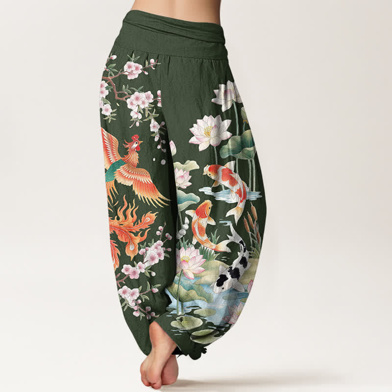 Buddha Stones Baumwoll-Haremshose mit Phoenix-Koi-Lotus-Muster und elastischem Bund für Damen - image 7
