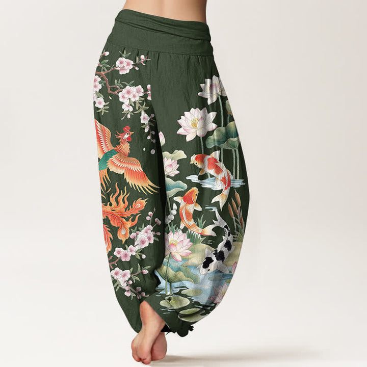 Buddha Stones Baumwoll-Haremshose mit Phoenix-Koi-Lotus-Muster und elastischem Bund für Damen - image 7