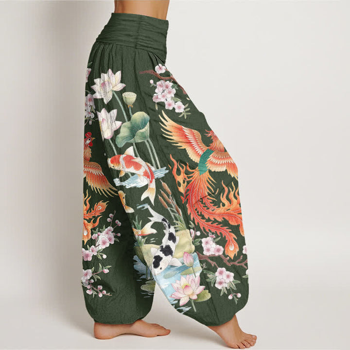 Buddha Stones Baumwoll-Haremshose mit Phoenix-Koi-Lotus-Muster und elastischem Bund für Damen - image 6