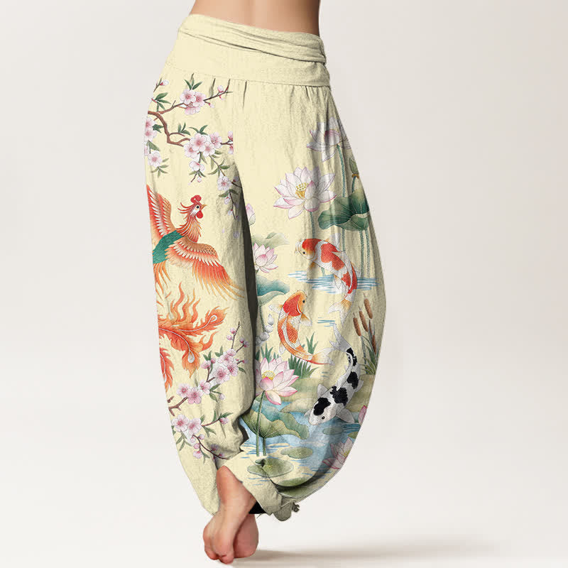 Buddha Stones Baumwoll-Haremshose mit Phoenix-Koi-Lotus-Muster und elastischem Bund für Damen - image 10