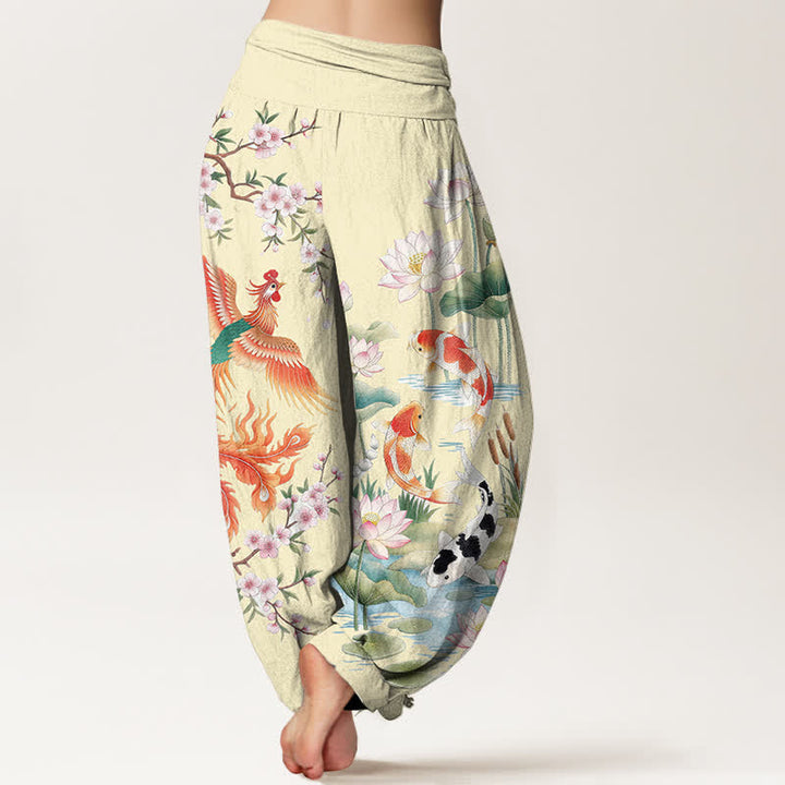 Buddha Stones Baumwoll-Haremshose mit Phoenix-Koi-Lotus-Muster und elastischem Bund für Damen - image 10