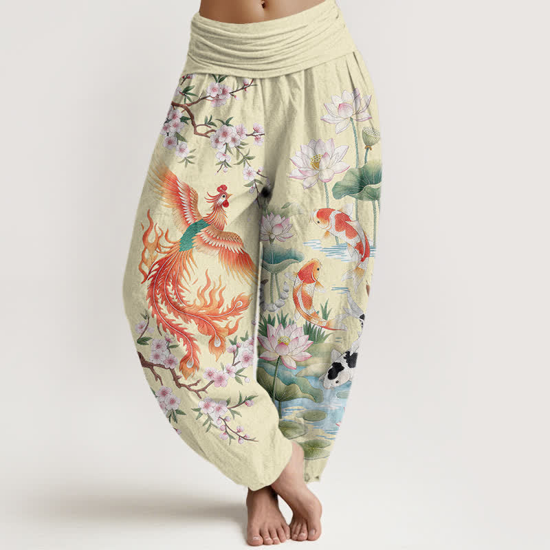 Buddha Stones Baumwoll-Haremshose mit Phoenix-Koi-Lotus-Muster und elastischem Bund für Damen - Hellgoldgelb - US16, UK/AU20, EU48 (3XL) - image 8
