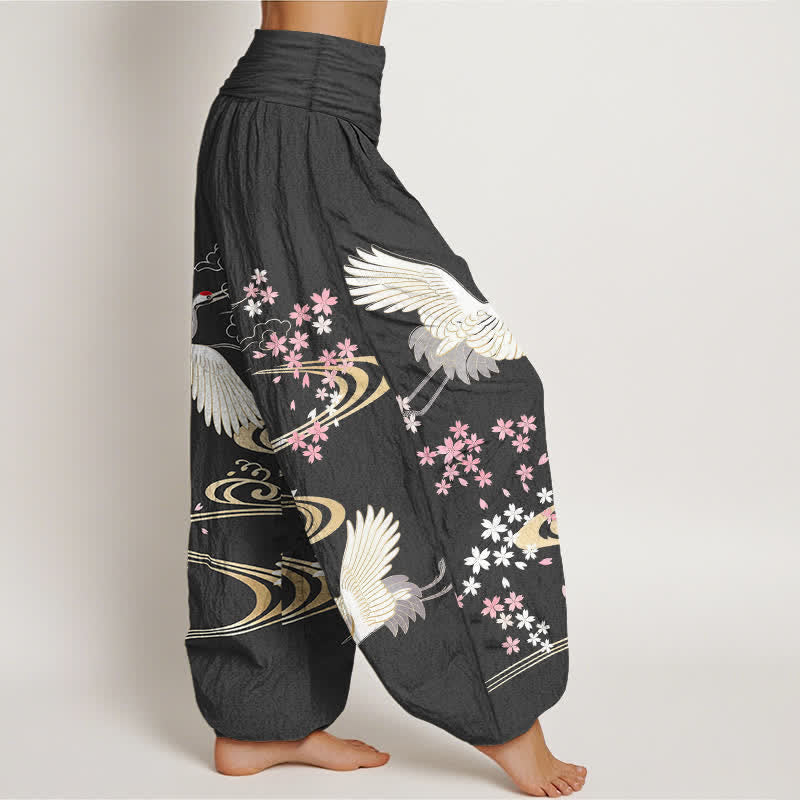 Buddha Stones Baumwoll-Haremshose mit Kranich-Sakura-Muster und elastischem Bund für Damen - image 1