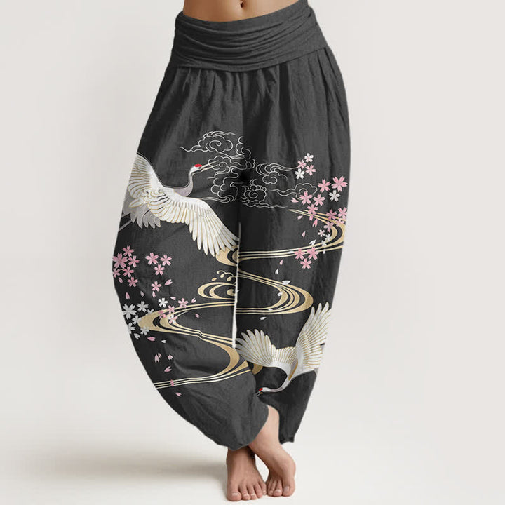 Buddha Stones Baumwoll-Haremshose mit Kranich-Sakura-Muster und elastischem Bund für Damen - DimGray - US16, UK/AU20, EU48 (3XL) - image 0