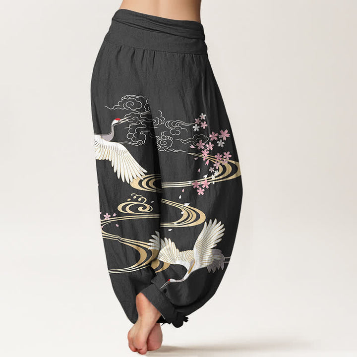 Buddha Stones Baumwoll-Haremshose mit Kranich-Sakura-Muster und elastischem Bund für Damen - image 2