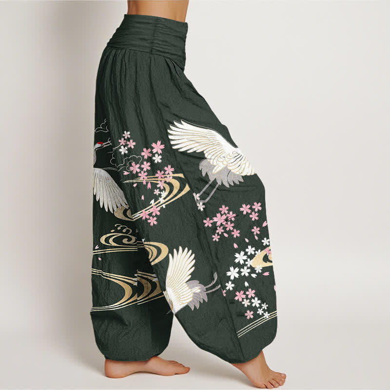 Buddha Stones Baumwoll-Haremshose mit Kranich-Sakura-Muster und elastischem Bund für Damen - image 6