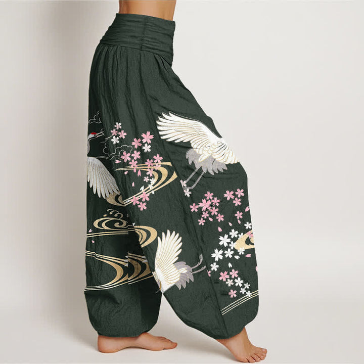 Buddha Stones Baumwoll-Haremshose mit Kranich-Sakura-Muster und elastischem Bund für Damen - image 6