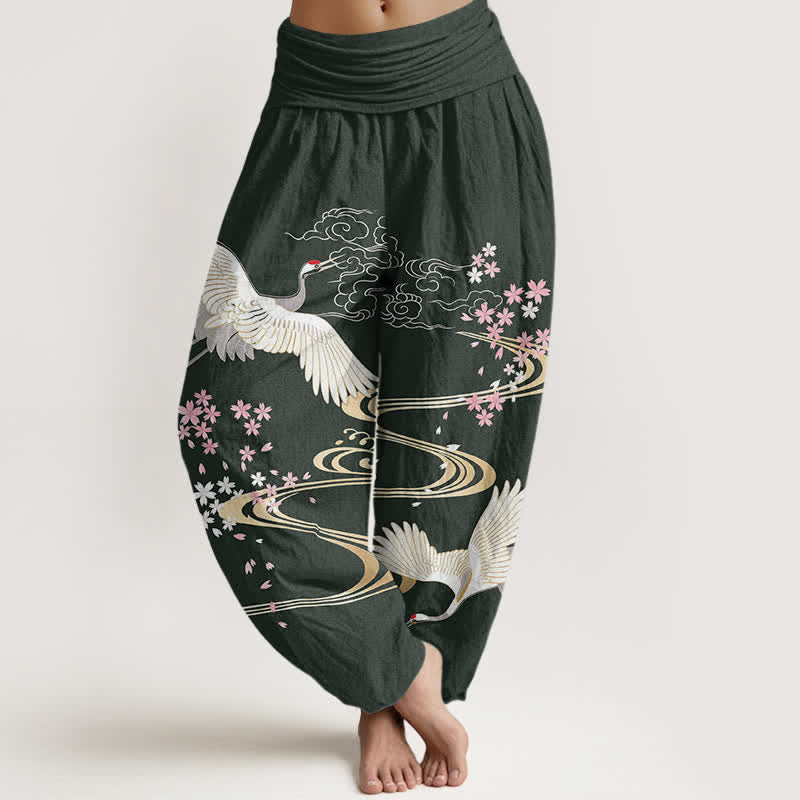 Buddha Stones Baumwoll-Haremshose mit Kranich-Sakura-Muster und elastischem Bund für Damen - Dunkelgrün - US16, UK/AU20, EU48 (3XL) - image 5
