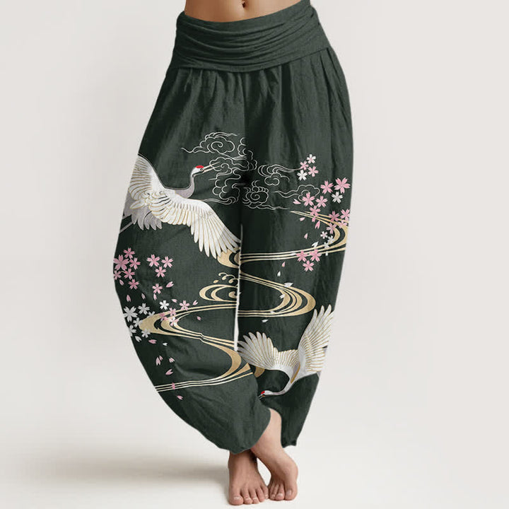 Buddha Stones Baumwoll-Haremshose mit Kranich-Sakura-Muster und elastischem Bund für Damen - Dunkelgrün - US16, UK/AU20, EU48 (3XL) - image 5
