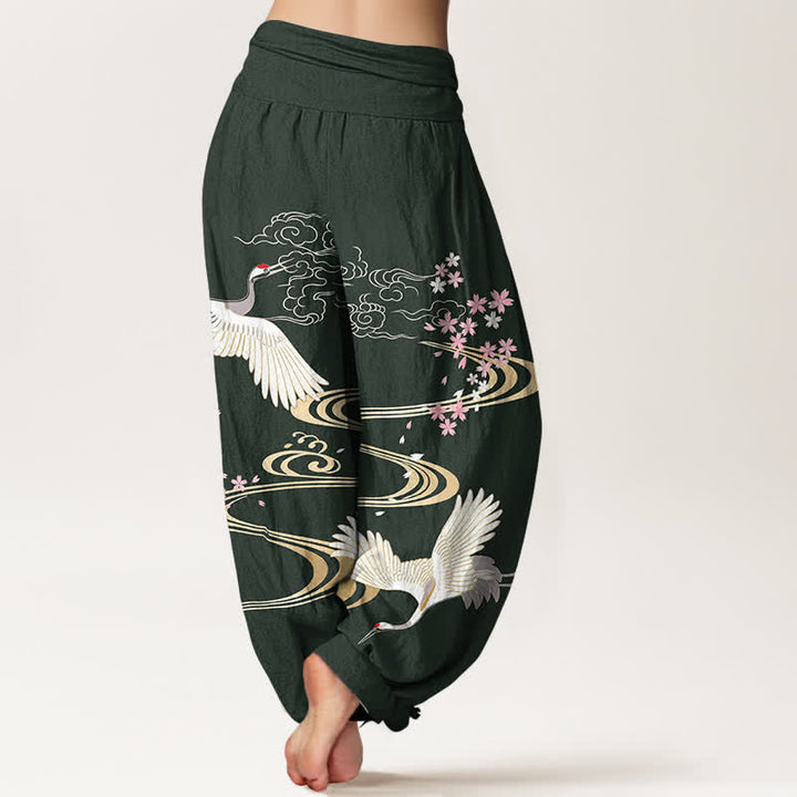 Buddha Stones Baumwoll-Haremshose mit Kranich-Sakura-Muster und elastischem Bund für Damen - image 7