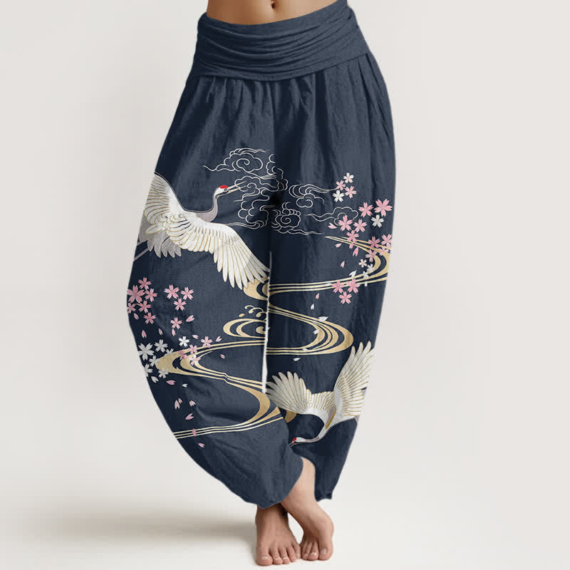 Buddha Stones Baumwoll-Haremshose mit Kranich-Sakura-Muster und elastischem Bund für Damen - Marine - US16, UK/AU20, EU48 (3XL) - image 8