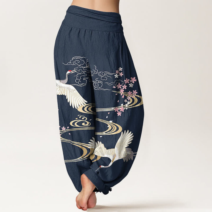 Buddha Stones Baumwoll-Haremshose mit Kranich-Sakura-Muster und elastischem Bund für Damen - image 10